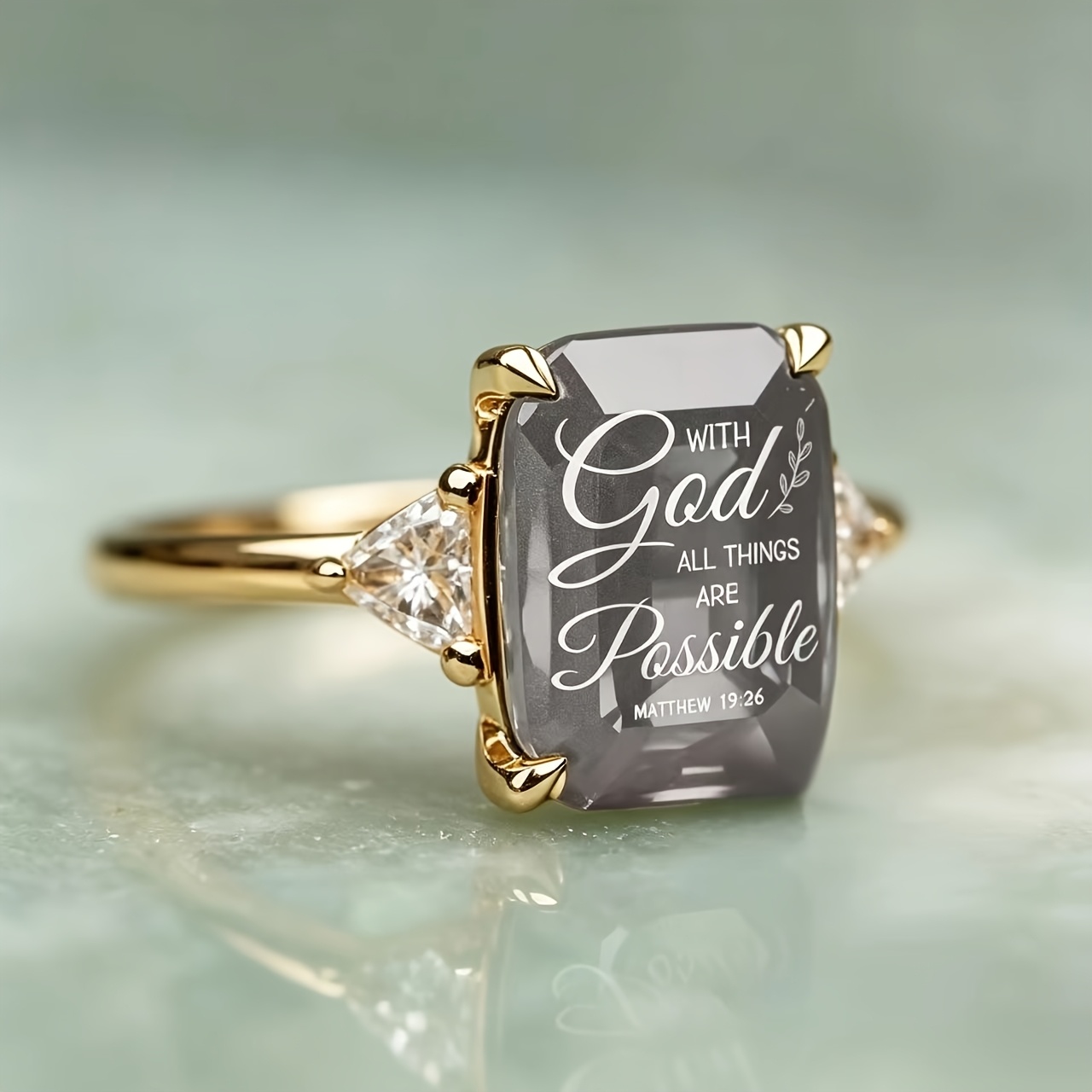 S925 Silver Rectangle Gray Crystal Engraved Bible Verse Ring